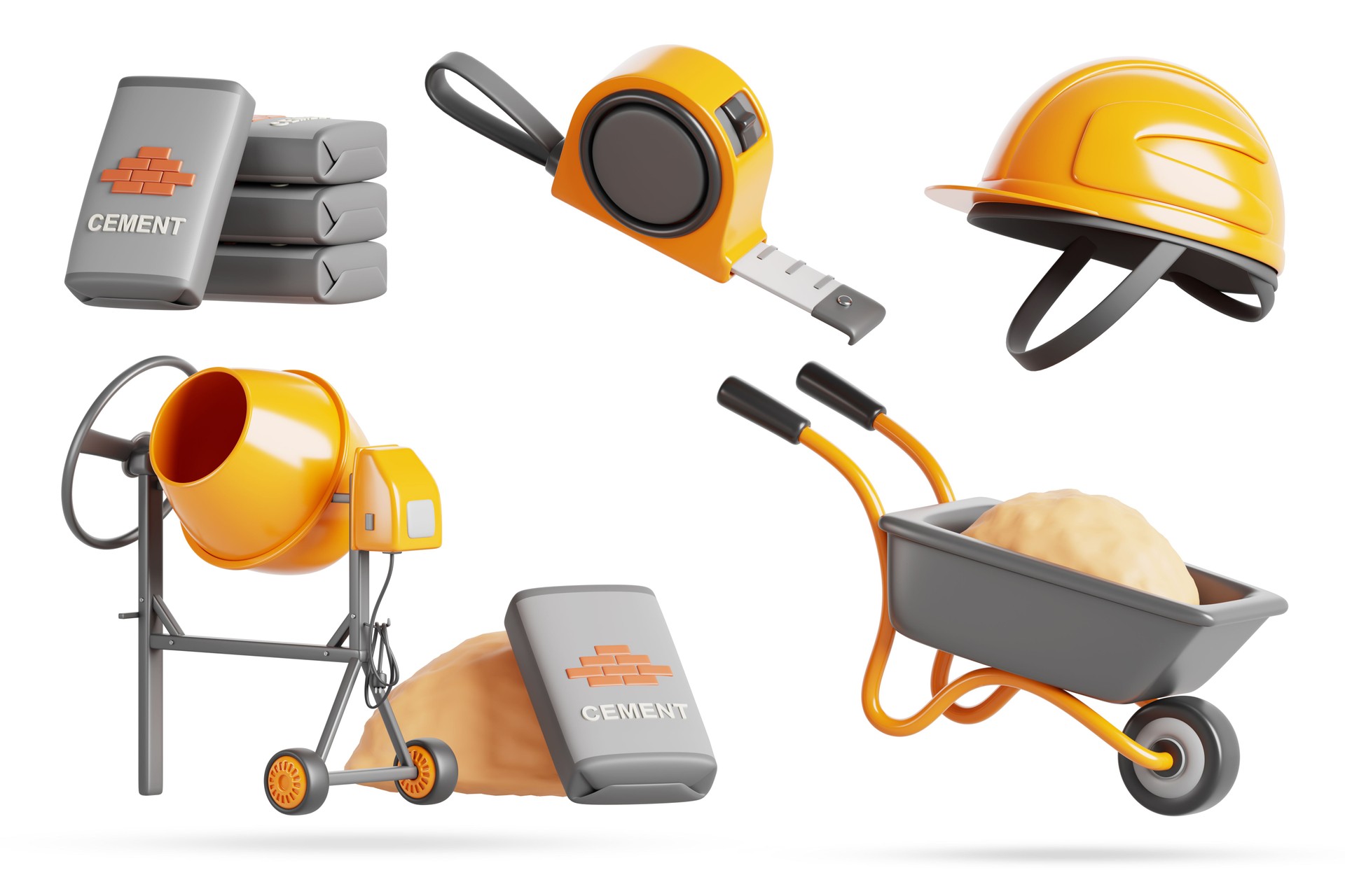 Building materials cartoon 3d render icon set. Concrete mixer, stack of cement bags and bricks, sand pile, wheelbarrow, helmet and tape measure. Construction equipment for repair work