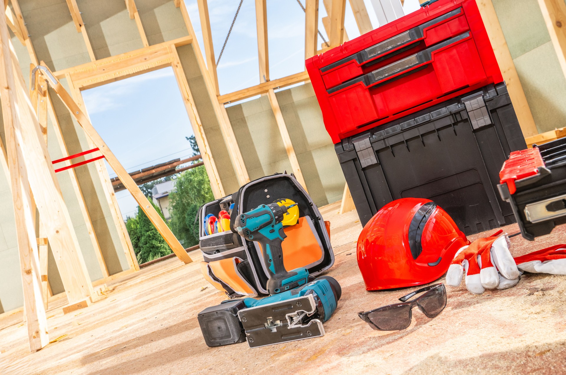 Construction Tools and Equipment Organized on a Site Under Sunny Skies During the Day